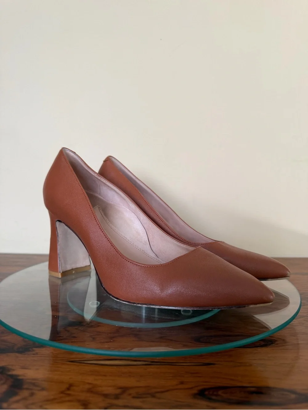 ALLY Shoes Caramel Brown Leather Pointed Block Heel Pumps 37.5B / US 7 7.5